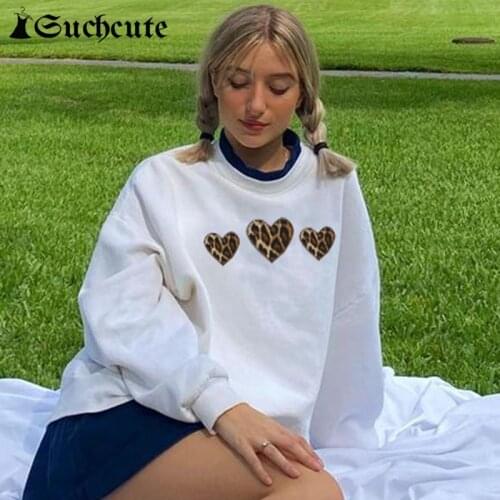 SUCHCUTE Autumn Leopard Heart Print Casual Loose Women Sweatshirts 90s Longslive Female Streetwear Oversize Pullovers Harajuku