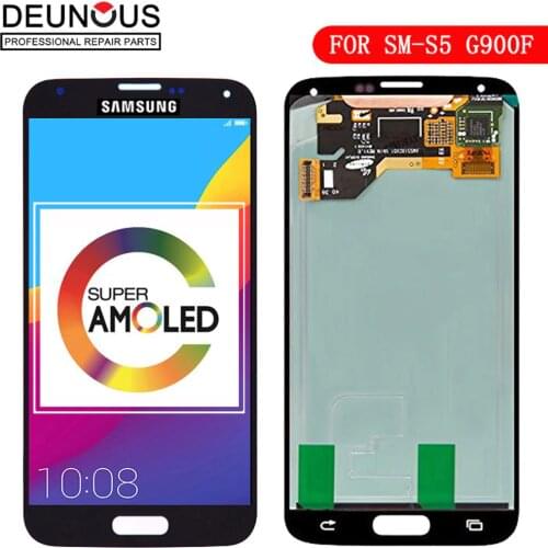 SUPER AMOLED LCDS For Samsung Galaxy S5 I9600 G900 G900A G900F LCD Display Touch Screen Assembly Home Button Replacement Sticker