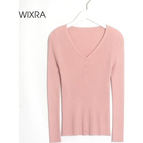 Wixra Womens High Stretch Sweaters New Fashion V-Neck Solid Ladies Pullovers Female Knitted Full Sleeve Pulls Jumpers Autumn