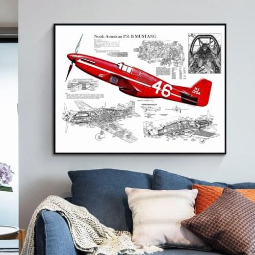 WW2 P51 Mustang Fighter Blueprint Vintage Posters And Prints Home Decor Canvas Painting Wall Art Boy Gifts LivingRoom Decoration