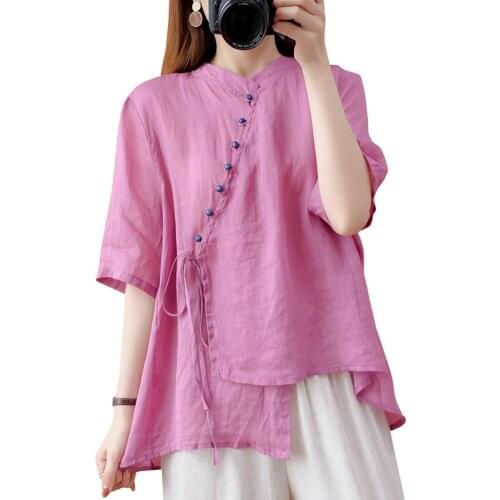 Color Buttons Irregular Plus Size Women Tops Summer New Chinese Blouse Vintage Standing Collar Female Short Sleeve Shirts Z055