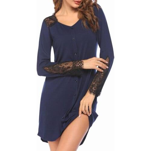 Women Nightgown Long Sleeve V Neck Lace Patchwork Buttons Sleepshirt Mini Nightdress Night Gown Sleepwear Female Sleep Underwear
