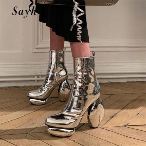 Women Boots Silver Leather Platform Strange Style Heel Pointy Toe Ankle Boots Women Luxury Brand Design Runway Martin Boots