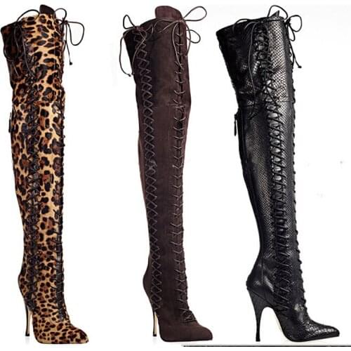 New Design Women Fashion Pointed Toe Lace-up Over Knee Leopard High Heel Boots Sexy Women Gladiator Boots Evening Boots
