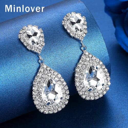 Minlover Siver Color Bride Drop Earrings for Women Teardrop Rhinestone Large Dangle Earrings 2019 Fashion Wedding Jewelry MEH003