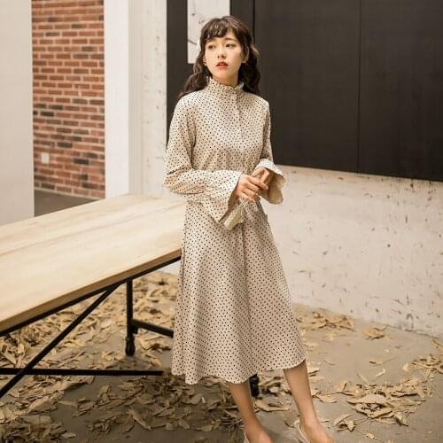 Women Dress 2019 Autumn Winter Korean Fashion Vintage Heart Print Midi Dress Ladies Stand Collar Elegant Dresses Clothes