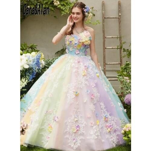 Sweet Pastel Rainbow Wedding Dresses 2021 Strapless 3D Floral Applique A Line Bridal Gowns vestido de novia para boda civil