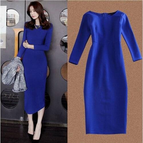 2017 Spring New Arrival Women 3/4 Sleeve Vintage Mid-Calf Slit Slim Dress Lady Plus Size Pencil Dresses