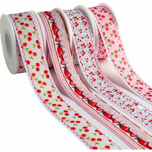 10yadrs Strawberry Cherry Fruit Patterns Grosgrain Ribbons Printed For Hair Bows DIY Crafts Handmade Accessories