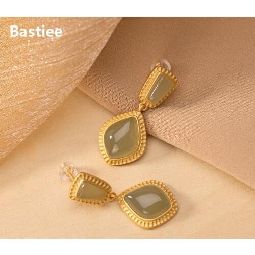 Bastiee Jade Gold Stud Earrings For Women 2021 Silver 925 Jewelry Luxury Korean Earrings Gold Plated Geometric