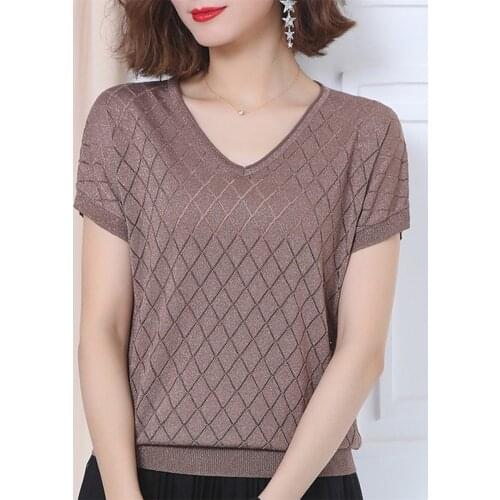 Shiny O-Neck Loose Solid Knitted Pullovers Women Elegant short Sleeve Knitwear Tops Plus Size oversize Casual summer Sweaters
