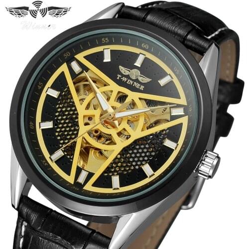 Winner Top Brand Black Gold Male Clock Men Relogios Skeleton Mens Watches Luxury Montre Leather Wristwatch Men Mechanical Watch