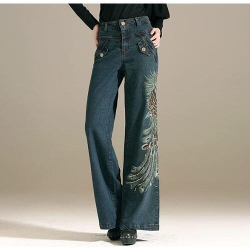 Wide Leg Jeans Pants Women Vintage Embroidery Ladies Jeans Casual High Waist Fashion Loose Pocket Denim Trousers