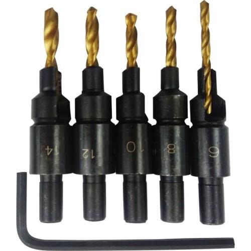 Hot Selling 5Pcs Woodworkers Countersink Drill Bit Quick Change Hex Shank Set #6 #8 #10 #12 #14+Hex Wrench