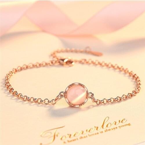 Exquisite Rose Gold Plated Pink Gems Bracelets for Women Simple Charm Opal Crystal Bracelet Birthday Banquet Jewelry Gifts