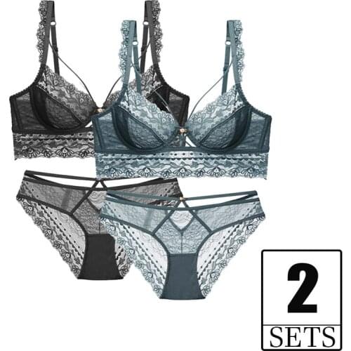 2 Piece Sets Deep V Women Bra And Panties Sexy Lingerie Transparent Ultra Thin Lace Push Up Underwear Plus Size Bras Black B C D