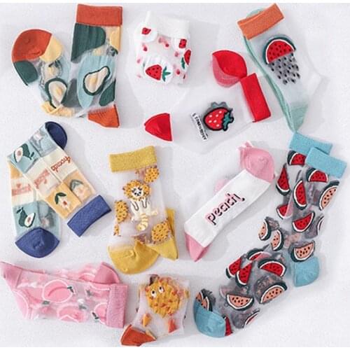 Summer Cute Transparent Womens Thin Sock Kawaii Fruit Peach leopard Strawberry Pattern Glass Silk Comfortable Socks for Girl