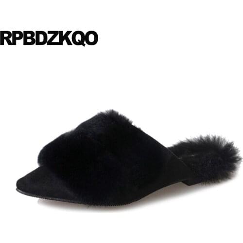 Cheap Shoes China Mules Suede Pointed Toe Fur Fashion Flats Ladies Women Black Slippers Pointy Slip On European Drop Shipping