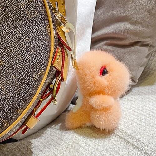 Mink dinosaur doll plush cute real hair simulation animal keychain children toys girl gifts bag pendant