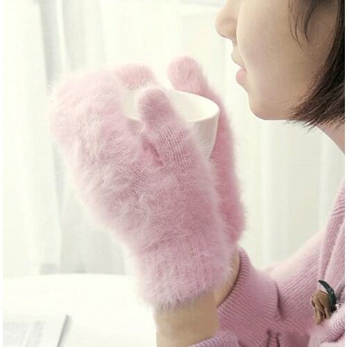 New Winter Arrival Women Soft Wool Rabbit Hair Warm Knit Gloves Fashion Lovely Warmer Girls Candy Color Mittens Gloves