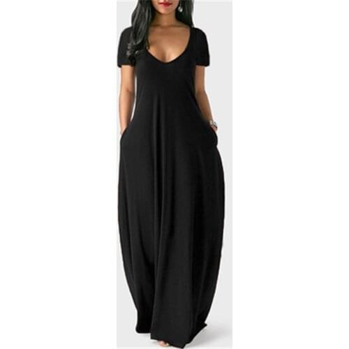 Summer Women Solid Black Casual Maxi Dress Oversized Ladies Short Sleeve Loose Long Dresses Sexy Deep V-Neck Vestidos Female New