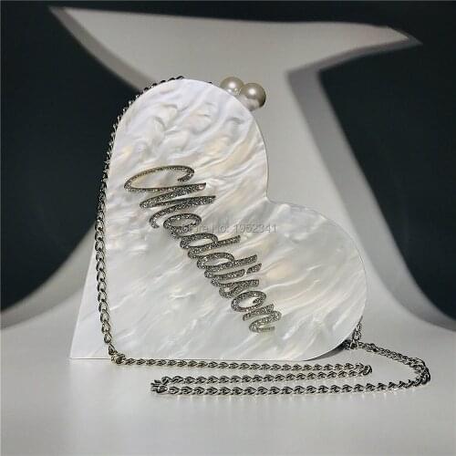 OC4209 Popular women evening clutch bag heart shape wedding clutch purse custom name acrylic bag