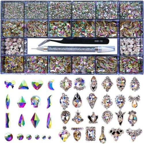 Nail Art 12 Grid Disc Box Mixed Ornament Alloy Diamond 3D Luxury Diamond Nail Rhinestone Metal Piece Arc Heart Jewelry 27RC