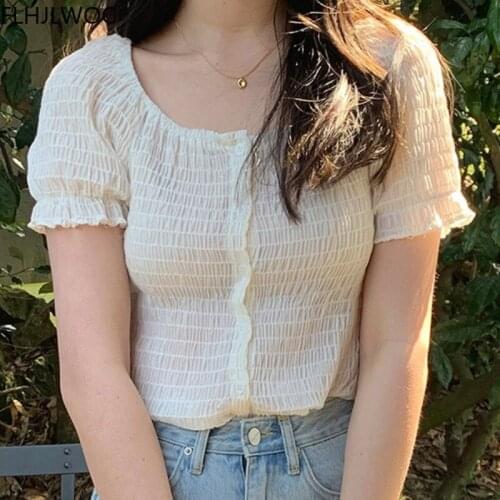 Off Shoulder Tops Blusas Button Up Shirts Korea Design Japanese Style Short Crop Summer Solid Color Women Blouses
