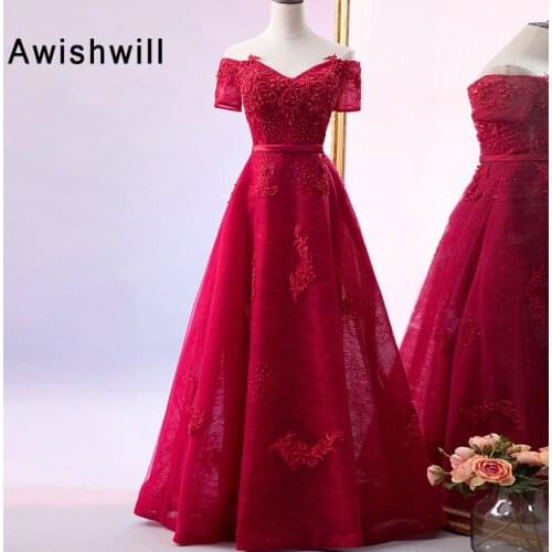 Off the Shoulder Evening Dress Elegant Short Sleeve Beaded Appliques Lace Formal Dress A-line Women Formal Party Wear
