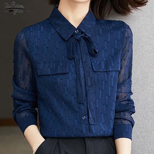2021 Autumn Long-sleeved Blue Gentle Chiffon Shirt Woman Lace Elegant Button Casual Top Woman Lace Bow Pocket Blouse Woman 16374