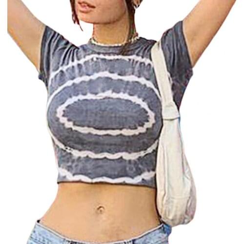 Women T-Shirts Crop Tops Short Sleeves O Neck Circle Print Women Sweet Cute T Shirt Tee for Women Female