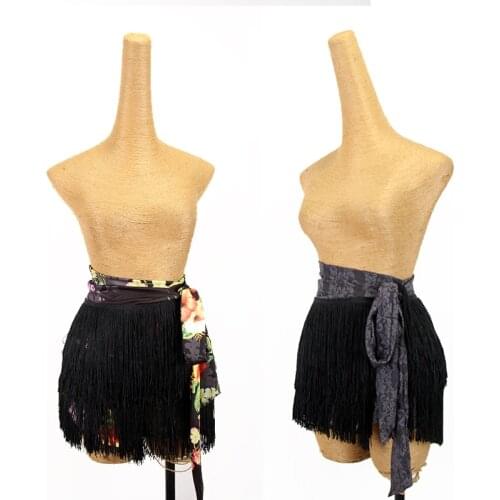 Latin Dance Fringe Skirt Women New Tassels Hip Scarf Flower Printing Lace Skirt Adult Practice Wear Cha Cha Clothing DNV15177