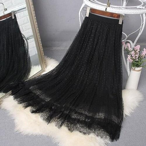 2021 Fashion High Waist Women Skirt Casual Vintage Polka Dot Print Pleated Midi Skirts Lady Lace Stitching Party Mesh Skirt