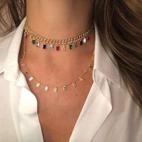 2019 Gold filled Rock style miami cuban chain choker jewelry with rainbow baguette cz CZ charm iced out women hiphop necklaces