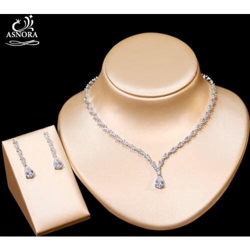 ASNORA Dazzling Cubic Zirconia Wedding Necklace Water Drop Earrings 2 Piece Set Womens Clothing Party Jewelry Set Accessories