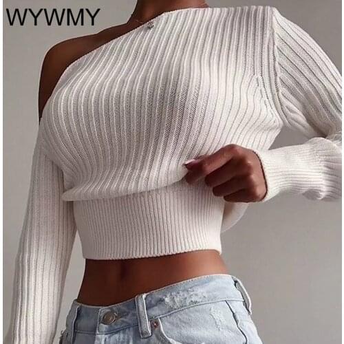 WYWMY Sexy Off Shoulder Women' Sweater Pullover Spring Long Sleeve Knitted Crop Tops Casual Solid Lady Jumper Sweater Streetwear