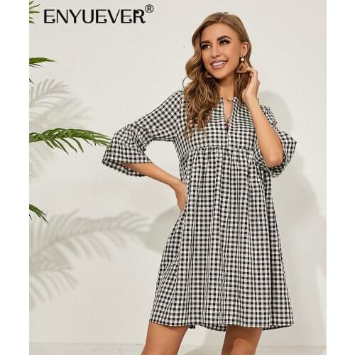 Enyuever Elegant Plaid Dress Summer Women Casual Clothing Flare Sleeve High Waist Tunic Short Loose Dress Sundresses Vestidos