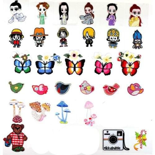 20pcs/lot Anime Embroidery Patch Clothing Decoration Bear Butterfly Bird Mushroom Camera Iron Heat Transfer Stickers