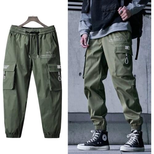 Streetwear Casual Harem Mens pants Big Pockets Joggers Men Ribbons Printing Ankle-length Cargo Pants For Men