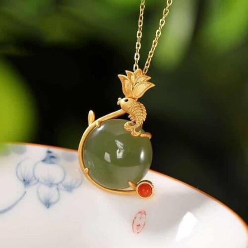 Natural Hetian Jade S925 Sterling Silver Pendant Retro Personality Minimalism Fashion Lotus Carp Sweater Chain Necklace for Wome