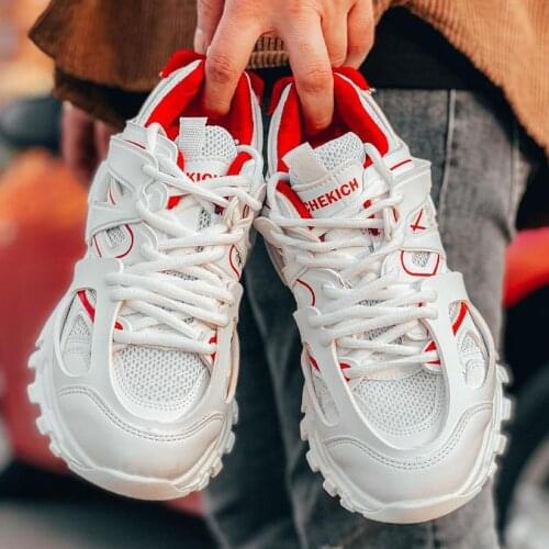 Chekich Mens Shoes White Red Artificial Leather Summer Season Lace Up Sneakers Mixed Color Casual Comfortable Training Flexible Orthopedic Sportive Lightweight High Outsole New Arrival Breathable Outdoor Male CH301 V4