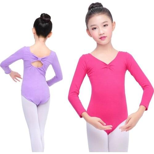Children Ballet Dance Costume Long Sleeve Dancing Suit Girl Cotton Dancing Practice Wear Body Dance Body Bow Tie Jumpsuit D0767