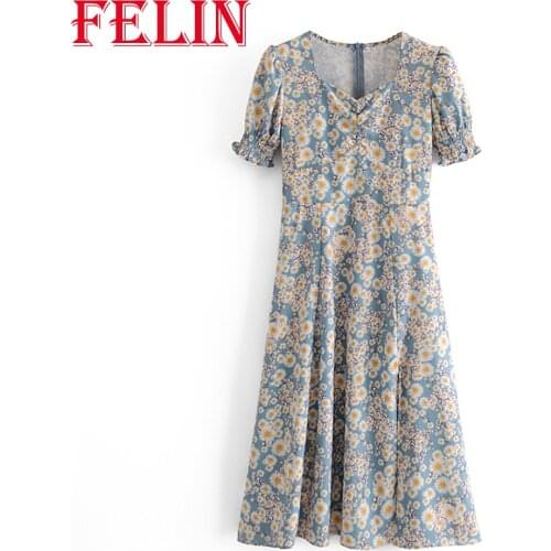 FELIN Women Za Sundress 2021 New Ditsy Yellow Floral Printed Elastic Puff Sleeve Sweet Girls Mid Stain Dresses Mujer Vestidos