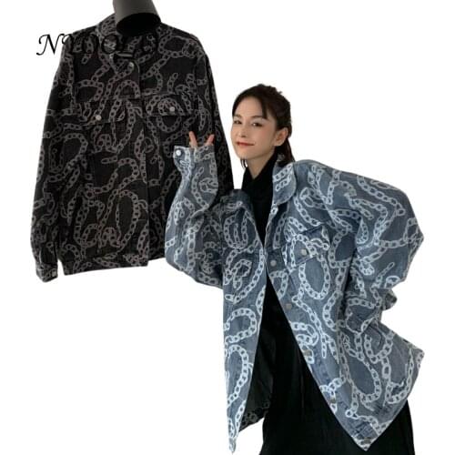 NYOOLO Vintage Streetwear Chains Print Long Sleeve Denim Jacket Women 2021 Spring Autumn Single Breasted Hip Hop Coats Outerwear