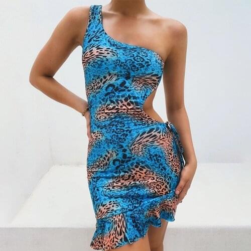 Leopard Summer Womens Dress One Shoulder Hollow Out Ruffles Hem Beach Dress Sexy Waist Tucked Mini Dress Wrap Sundress Bodycon