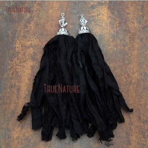 Fashionable Black Long Sari Silk Tassel Hot Sale Jewelry Accessory Faceted Crystal Quartzs Accent Tassel Pendant 6.8 inch PT7909