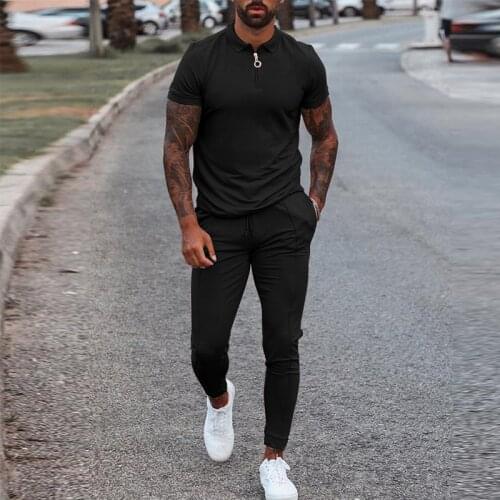 New Solid Mens Clothes 2021 Summer 2 Piece Set Men Turn-down Collar Zipper Tops And Drawstring Pants Outfit Casual Suits 3XL