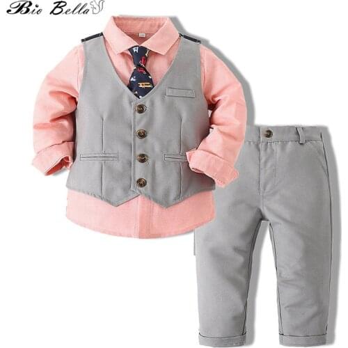 2021 Boys Gentle Suits Long Sleeve Pink Blouse+Vest+Long Pant 3Pcs Set Children Gentleman Suit Spring Autumn Boy Party Clothing