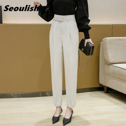 Seoulish 2021 New Womens Formal Harem Pants with Belted High Waist Elegant Office Workwear Ankle-Length Female Trouses Pockets