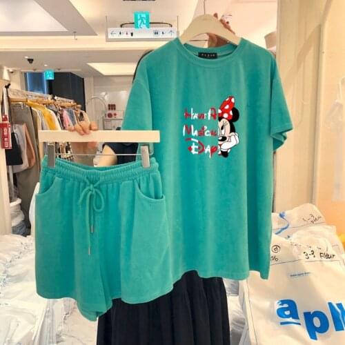 2021 New Women Young Girl Clothing Set Cartoon Printing Fashion Leisure Sports Suit Solid Two Piece Set Mickey Clothes Summer